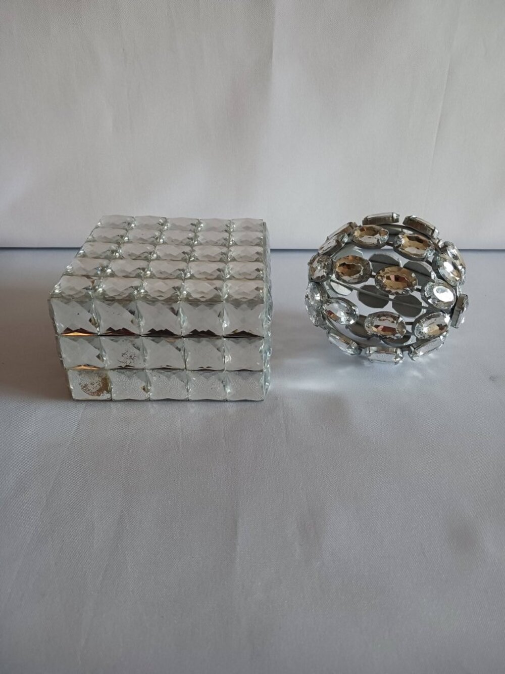 Lot of 2 Jeweled Trinkets – 1 Square Jeweled Trinket Box & 1 Small Jeweled Ball